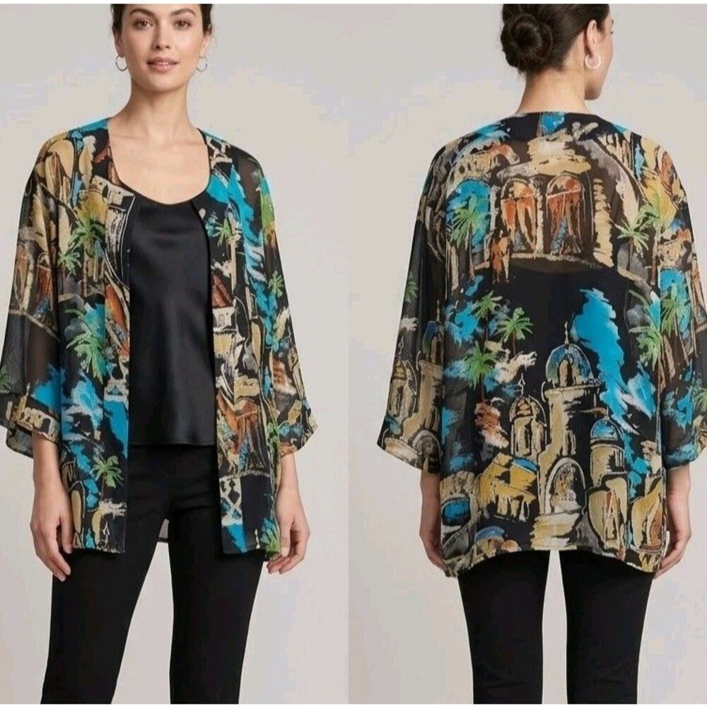 CHICOS 100% Silk Kimono Topper Cardigan Open Front Scenic Print Artsy - 2 / L